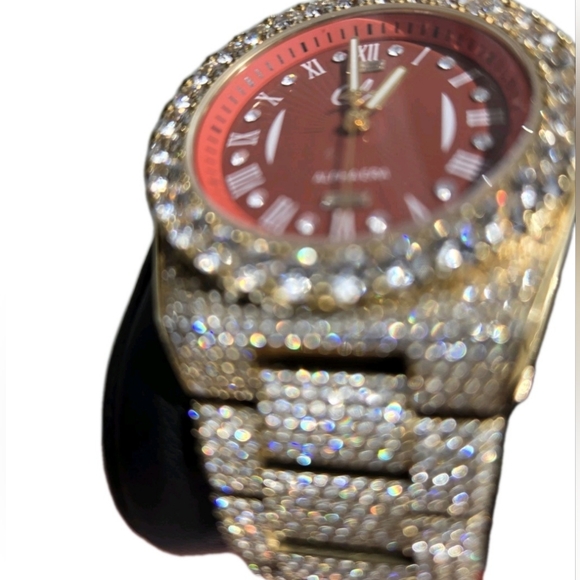 GLD Gold Iced Out 42MM Fully Iced Alpha Era® w/Diamond Prong Link Band /Red Face - Picture 3 of 12